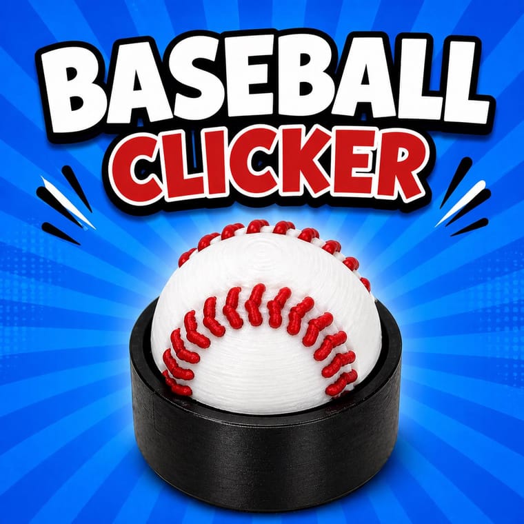 3D printed baseball clicker fidgets in white with baseball stitch detail, flatlay