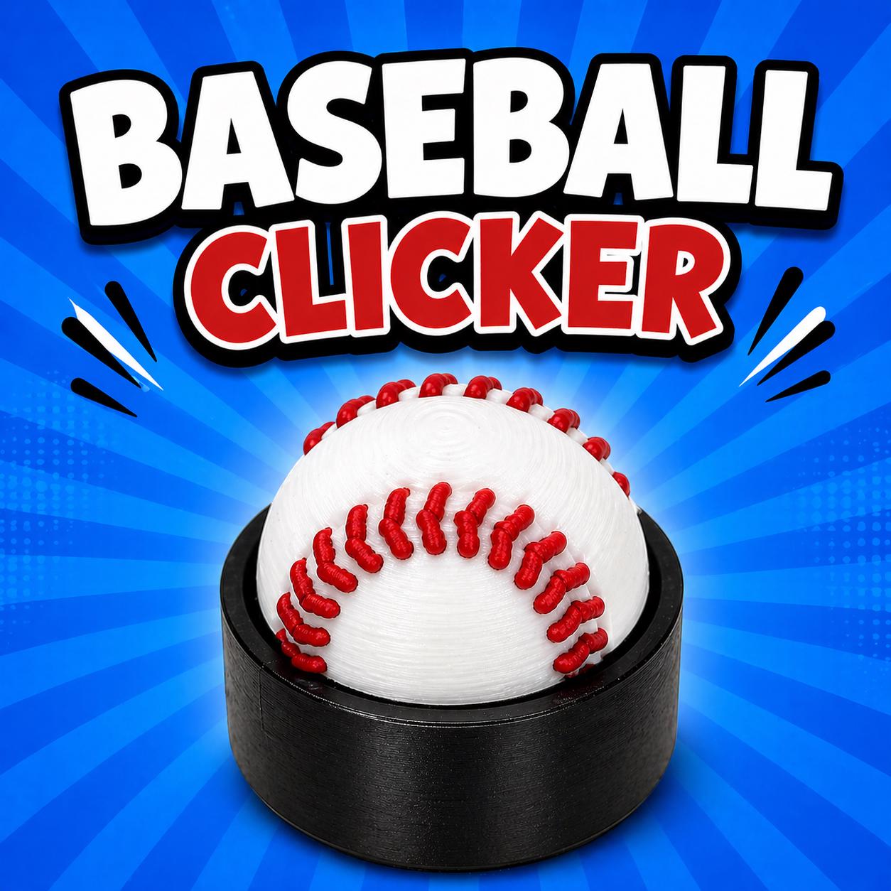 3D printed baseball clicker fidgets in white with baseball stitch detail, flatlay