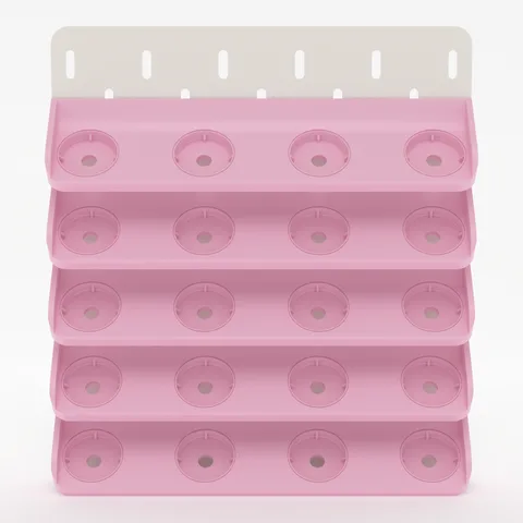Five pink CantiLover Spinner Insert Rails on a white pegboard tile, seen straight on, render