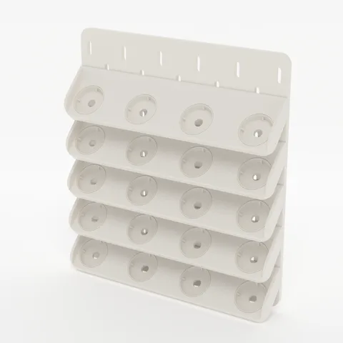Five CantiLover Spinner Insert Rails in Ceramic White hung on a white pegboard tile, render
