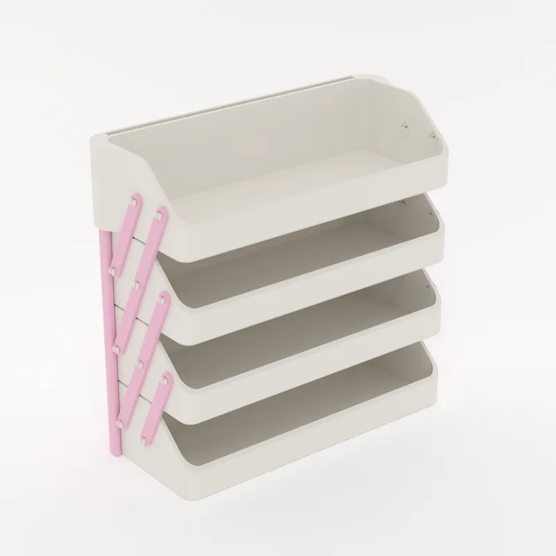 CantiLover booth organizer 4-tier stand folded closed, trays stacked with the arms along the side, render