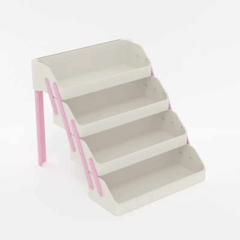 CantiLover booth organizer 4-tier stand open on a table, four empty trays stepped up and back, render of TeamGraphika's files