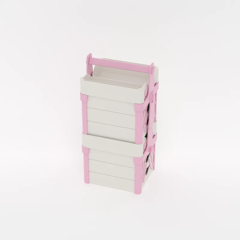 Four folded CantiLover stands stacked and strapped together under one carry handle, render
