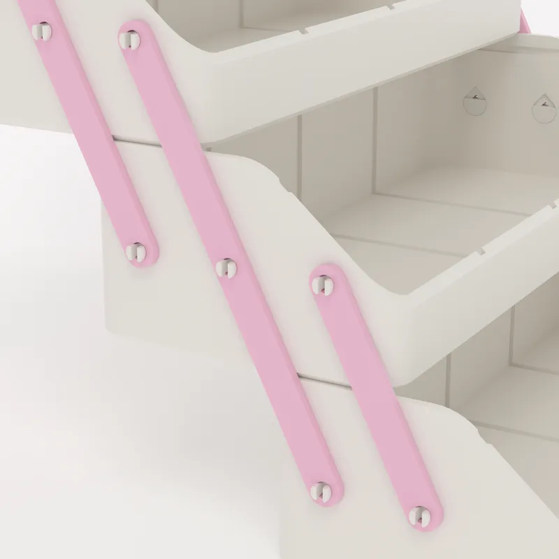 Close-up of two CantiLover hinge arms on their pins at the end of a tray, the pin heads showing inside, render