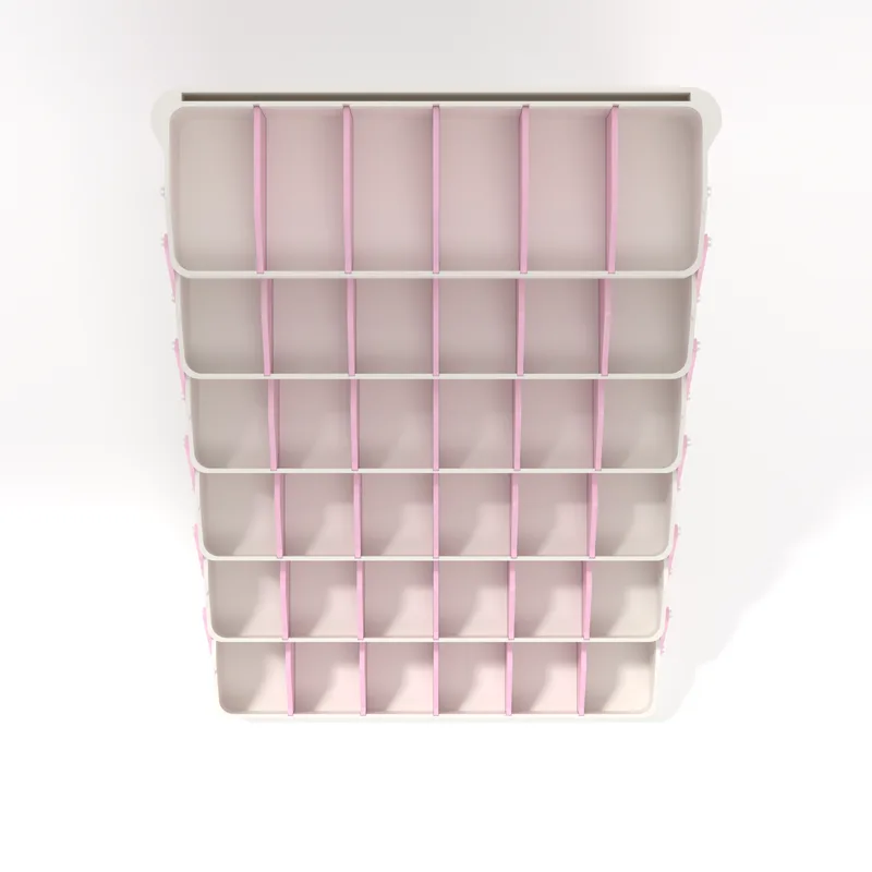 CantiLover JUMBO 6-tier stand for a 320 bed open, seen from above, each tier one full-width tray with no seam, render