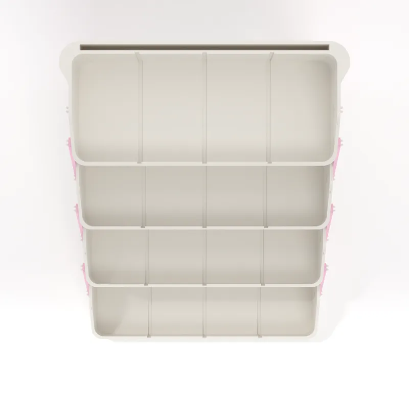 CantiLover Light 4-tier stand open, seen from above, showing the four bays in each tray, render