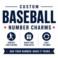 Multiple baseball number charms in different colors and numbers, overhead shot