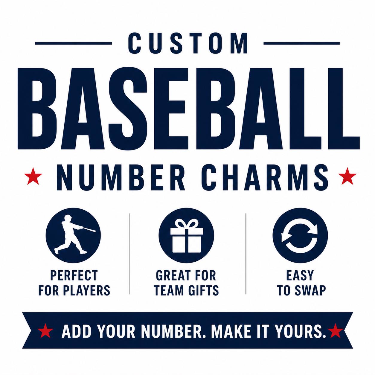 Multiple baseball number charms in different colors and numbers, overhead shot