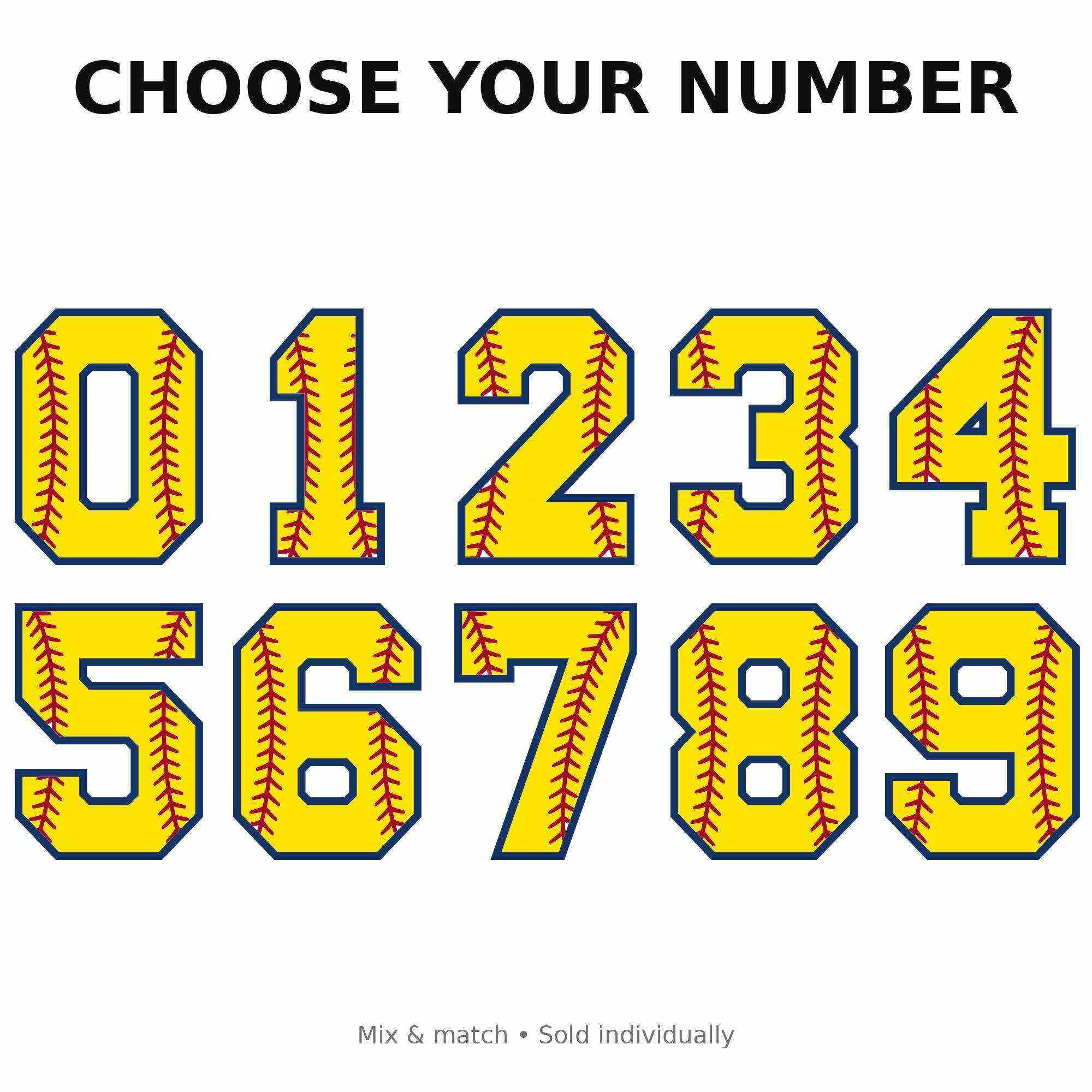 Assorted softball number charms in team colors, overhead shot