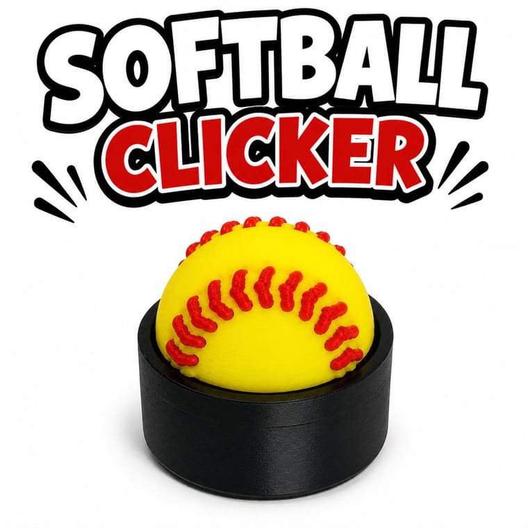 3D printed softball clicker fidgets in pink with stitch detail, flatlay
