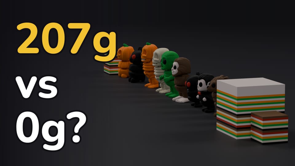 Eleven multicolor Halloween minis in a row beside two stacks of purged filament, with the text 207g vs 0g?